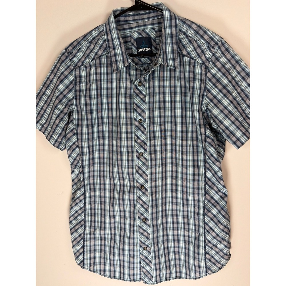 Prana Mens Blue Grey Plaid Short Sleeve Button Down Shirt Large